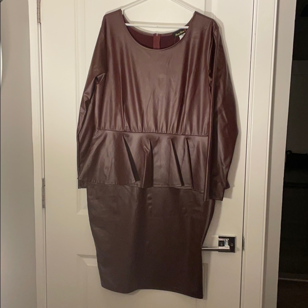 Wine Leatherette Peplum Dress